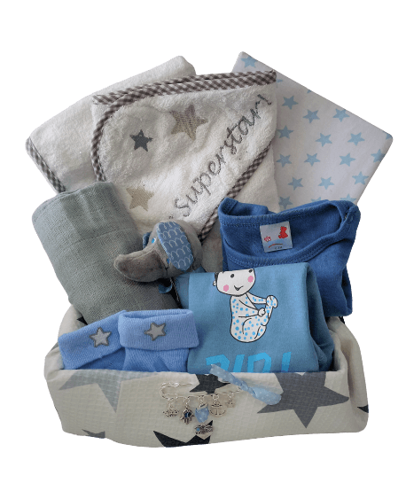 מארז לידה Baby Star | קופסא עטופה בשמיכה צבע אפור כחול