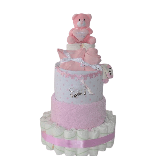 עוגת קומות בייבי מתנה-לה להולדת הבן מארז לידה מחיתולי האגיס או פמפרס, מגבת קפוצ'ון לתינוק, סיכה ועוד
