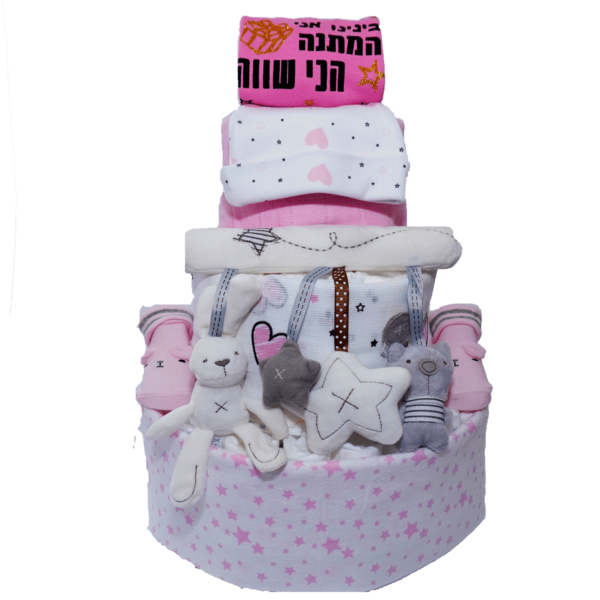 עוגת חיתולים ורודה 3 קומות של חיתולים ומוצרים לתינוק