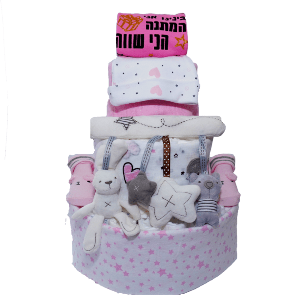 עוגת חיתולים ורודה 3 קומות של חיתולים ומוצרים לתינוק